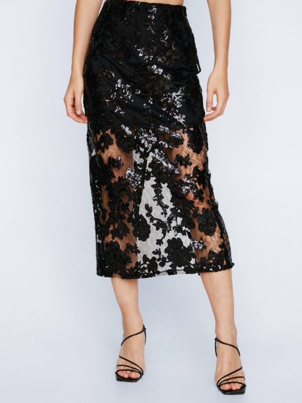 Sequin Embellished Lace Midi Skirt